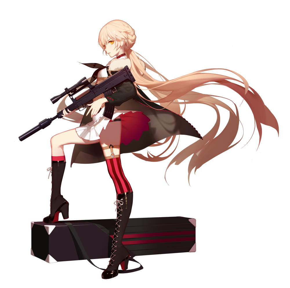 1girl ask_(askzy) assault_rifle boots braid breasts bullpup choker cross-laced_footwear french_braid full_body girls_frontline gun high_heel_boots high_heels knee_boots kneehighs light_brown_hair long_hair low_ponytail parted_lips pleated_skirt red_legwear rifle single_kneehigh single_thighhigh skirt small_breasts solo striped striped_legwear thigh-highs transparent_background vertical-striped_legwear vertical_stripes very_long_hair weapon wind wind_lift yellow_eyes