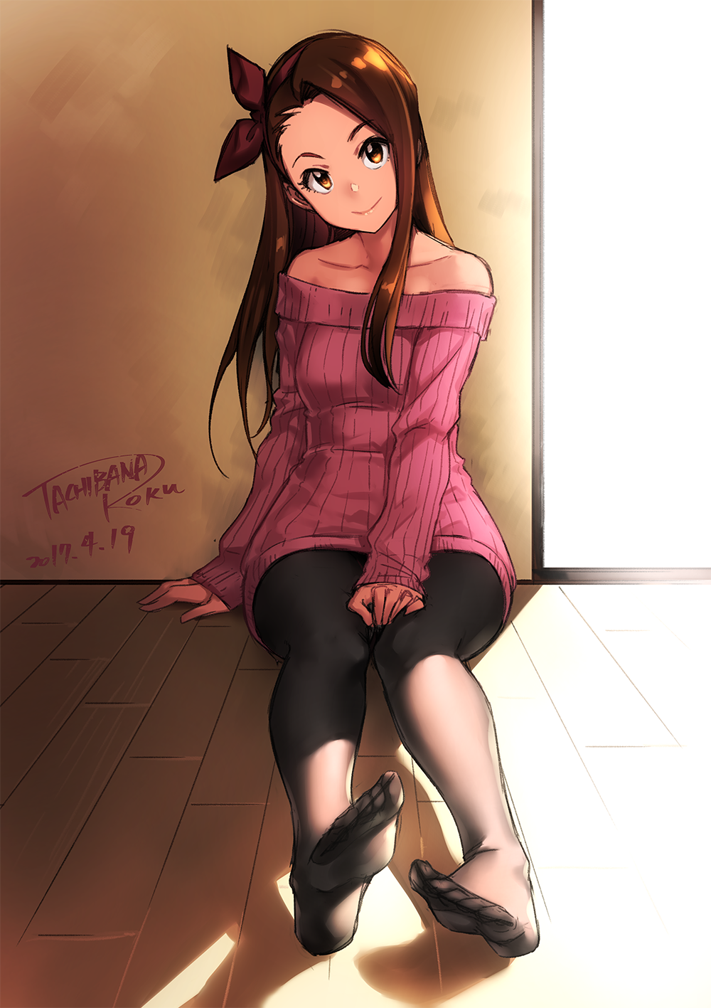 1girl artist_name bangs bare_shoulders black_legwear breasts brown_eyes brown_hair dated dress feet hair_ribbon highres idolmaster indoors long_hair minase_iori no_shoes pantyhose parted_bangs ribbed_sweater ribbon sidelocks sitting sleeves_past_wrists small_breasts smile soles solo sunlight sweater sweater_dress swept_bangs tachibana_roku toes