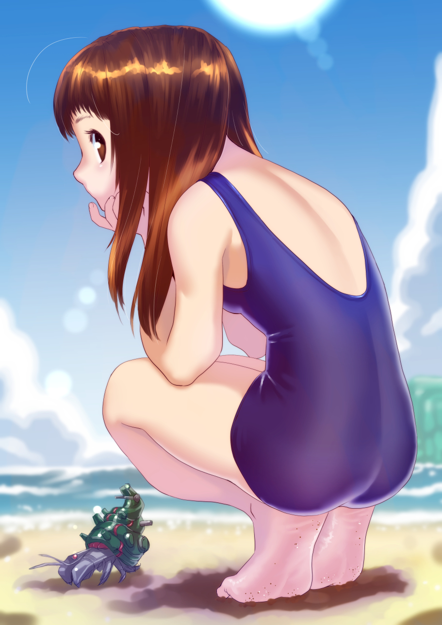 1girl back barefoot beach brown_eyes brown_hair crab dirty_feet feet hands_on_own_cheeks hands_on_own_face hermit_crab highres long_hair looking_to_the_side ocean original school_swimsuit seashell shell sky soles solo soon squatting swimsuit tiptoes water