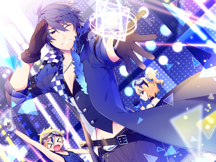 1girl 2boys belt blonde_hair blue_hair closed_eyes collarbone fur_trim gloves goggles goggles_on_head hair_ornament hairclip heterochromia jewelry kagamine_len kagamine_rin kaito light_particles lights looking_at_viewer looking_back male_focus multiple_boys navel necklace one_eye_closed project_diva_x short_hair side_ponytail sinaooo smile