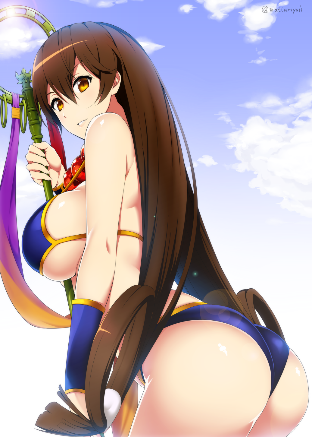 1girl ass bare_shoulders breasts brown_eyes brown_hair fate/grand_order fate_(series) highres large_breasts long_hair looking_at_viewer looking_back mattari_yufi parted_lips sideboob smile solo staff standing twitter_username very_long_hair xuanzang_(fate/grand_order)