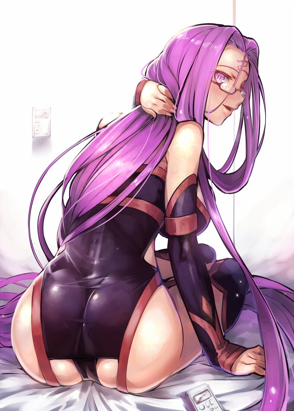 1girl :d ass back bare_shoulders black-framed_eyewear black_legwear black_panties blush breasts detached_sleeves facial_mark fate/stay_night fate_(series) forehead_mark from_behind garter_straps glasses gloves highres hijiri large_breasts long_hair looking_at_viewer looking_back open_mouth panties parted_lips purple_hair rider semi-rimless_glasses sitting smile solo thigh-highs under-rim_glasses underwear violet_eyes