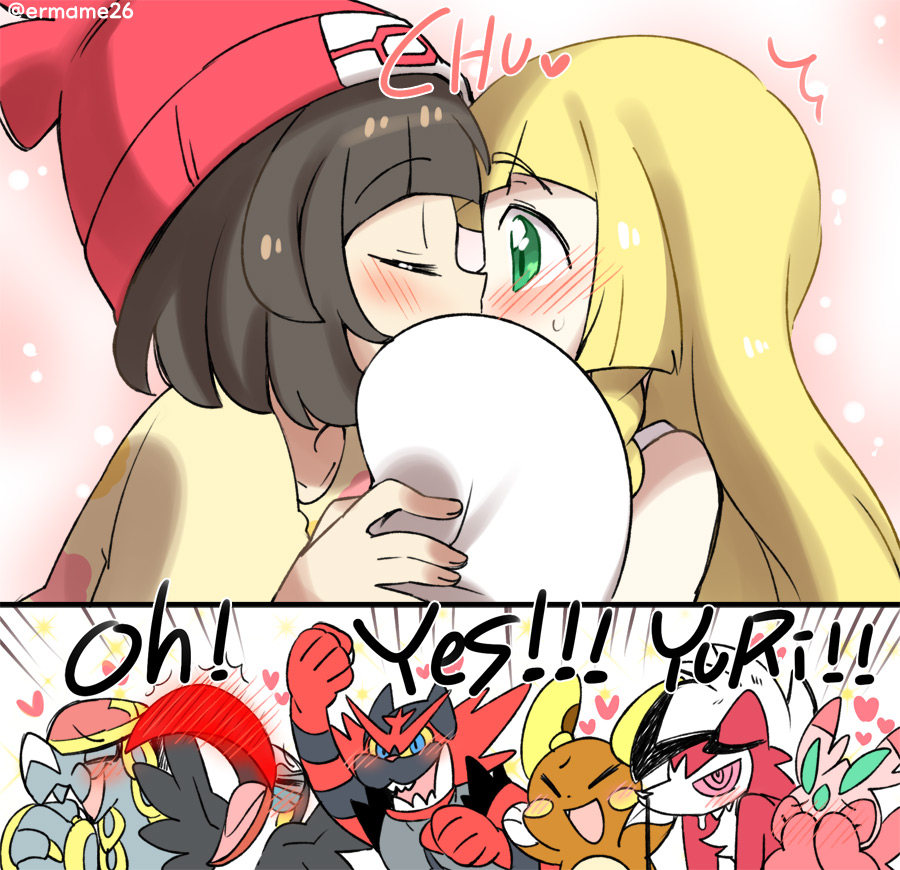 &gt;_&lt; 2girls :d alola_form alolan_raichu beanie blonde_hair blue_eyes blush brown_hair closed_eyes commentary_request covering_eyes covering_mouth drooling english eromame female_protagonist_(pokemon_sm) fist_pump green_eyes hands_clasped hat heart hime_cut implied_kiss incineroar kommo-o lillie_(pokemon) long_hair lurantis lycanroc mizuki_(pokemon_sm) multiple_girls onomatopoeia open_mouth orchid_mantis pokemon pokemon_(creature) pokemon_(game) pokemon_sm praying_mantis raichu short_hair smile surprised toucannon xd yuri