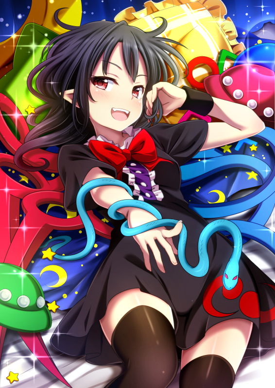 1girl :d adjusting_hair ayase_midori bangs black_dress black_hair black_legwear blush bow bowtie dress fang hat houjuu_nue looking_at_viewer open_mouth pillow pointy_ears red_bow red_bowtie red_eyes short_dress short_sleeves smile snake solo star teeth thigh-highs touhou wings