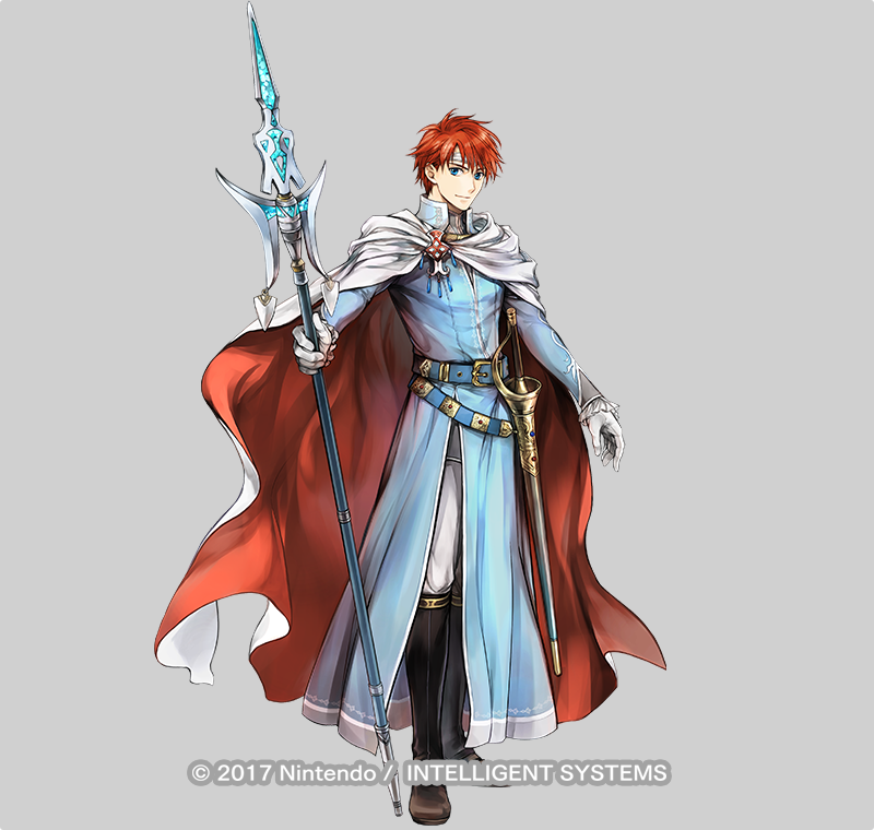 1boy belt blue_eyes boots cape circlet copyright_name eliwood_(fire_emblem) fire_emblem fire_emblem:_the_blazing_blade fire_emblem_heroes full_body gloves grey_background male_focus official_art polearm redhead solo spear sword wada_sachiko weapon