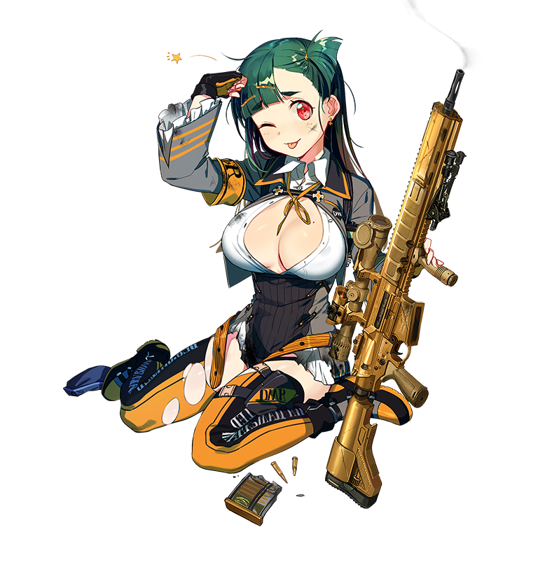 1girl ;p armband artist_request assault_rifle asymmetrical_bangs bangs black_gloves boots breasts bullet cleavage cropped cropped_jacket earrings eyebrows_visible_through_hair fingerless_gloves full_body girls_frontline gloves gradient_hair green_hair gun hand_on_own_head jewelry large_breasts long_hair magazine_(weapon) mole mole_on_breast multicolored_hair one_eye_closed one_side_up orange_legwear pouch red_eyes rifle sitting solo star thigh-highs thigh_strap tongue tongue_out transparent_background two-tone_hair unbuttoned unbuttoned_shirt wariza weapon