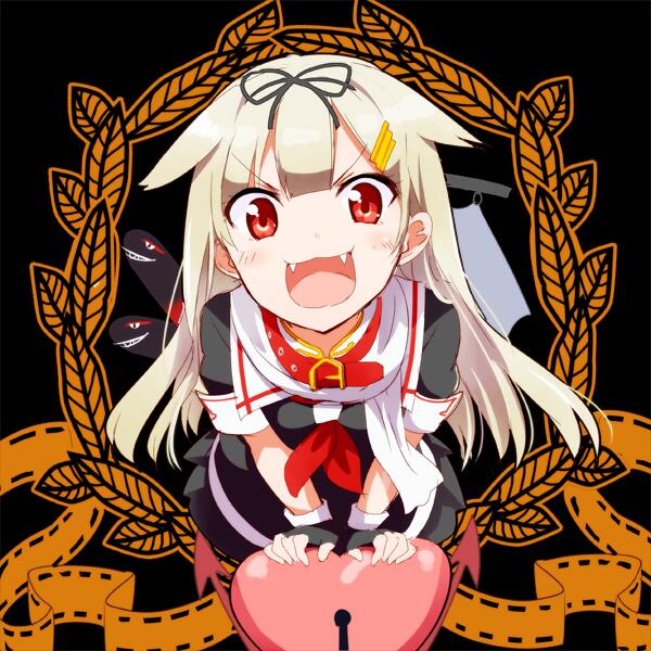 &gt;:d 1girl :d bangs black_background black_blouse black_gloves black_ribbon black_serafuku black_skirt blonde_hair blouse blush collar collared_blouse fangs film_strip fingerless_gloves gloves gochou_(atemonai_heya) hair_flaps hair_ornament hair_ribbon hairclip hand_rest heart heart_lock_(kantai_collection) kantai_collection laurels leaning_forward lock logo_parody long_hair looking_at_viewer metro-goldwyn-mayer neckerchief open_mouth pleated_skirt red_collar red_eyes red_neckerchief remodel_(kantai_collection) ribbon sailor_collar scarf school_uniform serafuku short_sleeves skirt smile solo straight_hair torpedo white_scarf yuudachi_(kantai_collection)