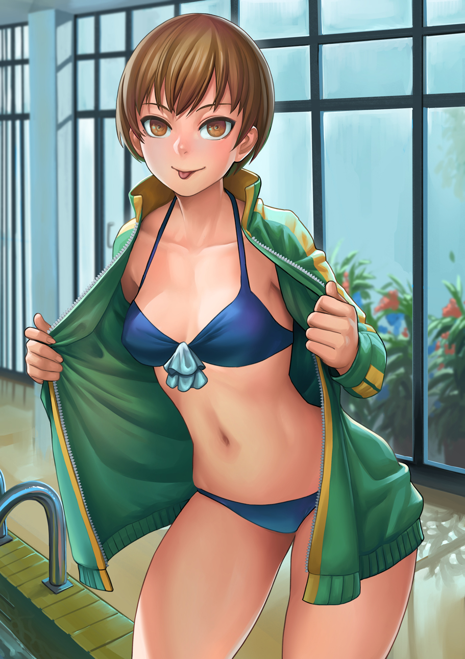 1girl :p bangs bikini blue_bikini blush bob_cut breasts brown_eyes brown_hair cleavage collarbone commentary front-tie_bikini front-tie_top highres indoors jacket lasterk long_sleeves looking_at_viewer navel open_clothes open_jacket persona persona_4 satonaka_chie short_hair small_breasts smile solo swimsuit tongue tongue_out track_jacket
