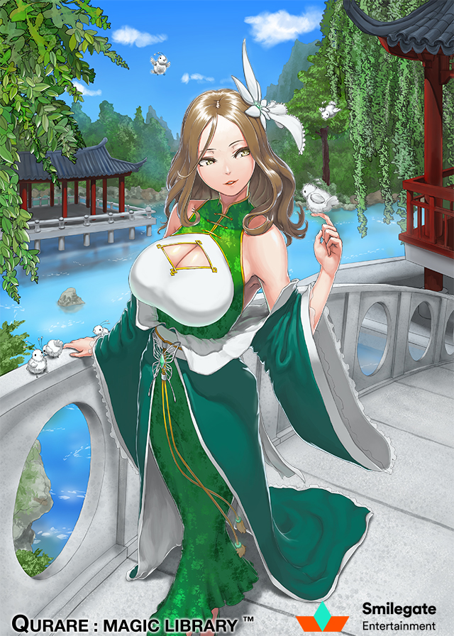 architecture bird bird_on_hand blue_sky breasts bridge brown_hair china_dress chinese_architecture chinese_clothes cleavage cleavage_cutout clouds copyright_name day dress east_asian_architecture flower green_dress hair_flower hair_ornament hand_on_railing kysso large_breasts official_art outdoors parted_lips qurare_magic_library sky standing tree water wide_sleeves