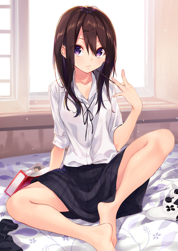 1girl bangs barefoot bedroom black_skirt breast_pocket brown_hair closed_mouth collared_shirt dress_shirt feet food hair_between_eyes hair_ornament holding holding_food indoors legs light_smile long_hair looking_at_viewer on_bed original playstation_controller pocket pocky shiny shiny_hair shirt short_sleeves sitting skirt socks_removed solo striped striped_skirt suisen thighs violet_eyes white_shirt window x_hair_ornament