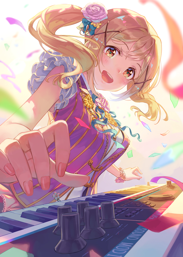 1girl arched_back bang_dream! bare_shoulders blonde_hair blush breasts frilled_sleeves frills hair_between_eyes ichigaya_arisa instrument keyboard_(instrument) lips long_hair looking_at_viewer medium_breasts nail_polish open_mouth perspective pink_shirt ribbed_shirt shirt skirt skirt_set sleeveless sleeveless_shirt terumii twintails upper_body yellow_eyes