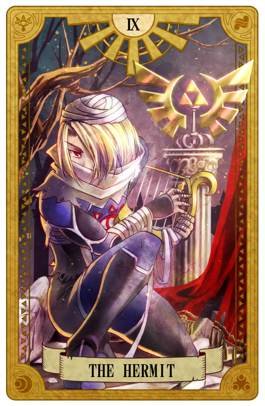 1girl androgynous bandage blonde_hair braid card_(medium) carrying hat long_hair mask pointy_ears red_eyes reverse_trap sheik solo surcoat suzumiya_misa tarot the_legend_of_zelda the_legend_of_zelda:_ocarina_of_time the_legend_of_zelda:_twilight_princess