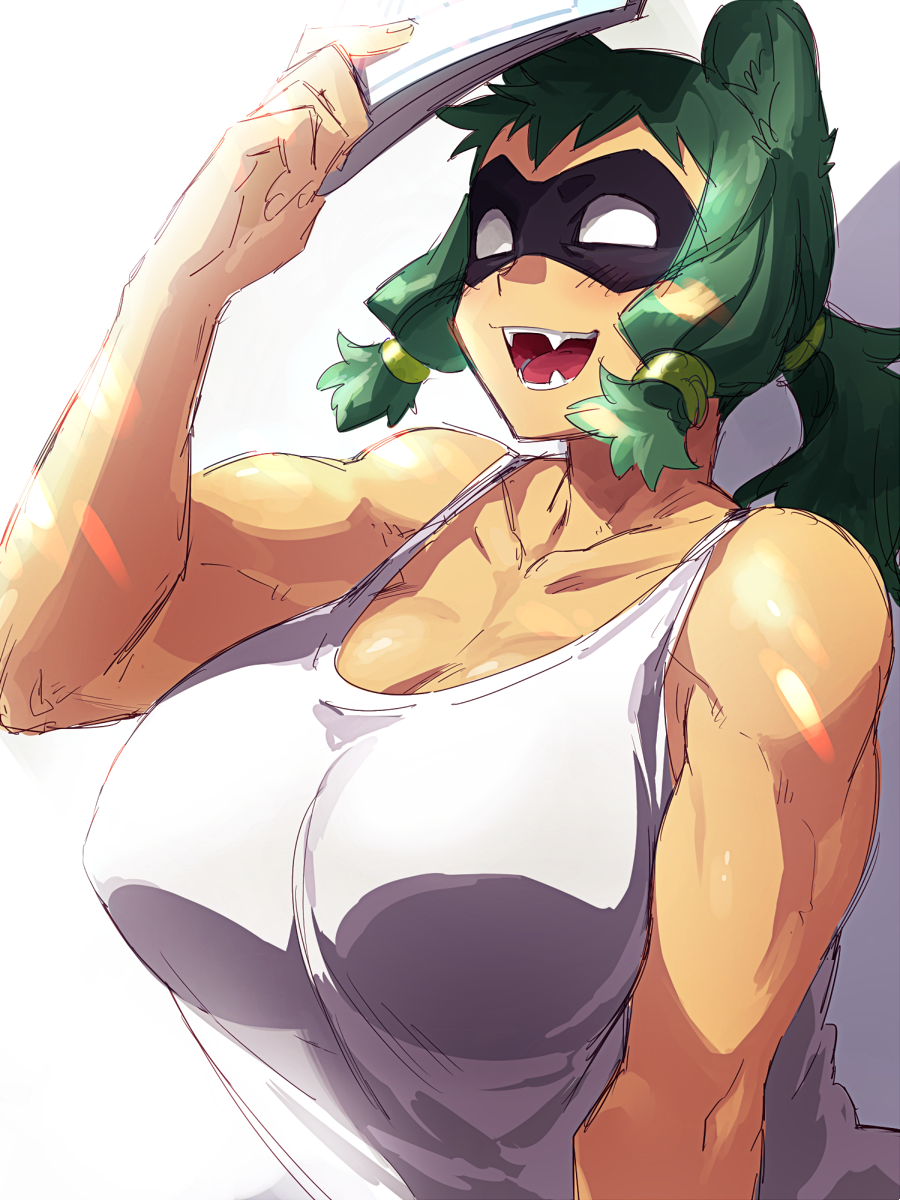 1girl animal_ears bangs bare_shoulders biceps blunt_bangs blush breasts collarbone fangs green_hair hair_rings highres holding large_breasts looking_away low_twintails mask muscle muscular_female no_pupils open_mouth original ryanpei shirt sleeveless sleeveless_shirt smile solo sunlight tan teeth twintails white_background white_eyes
