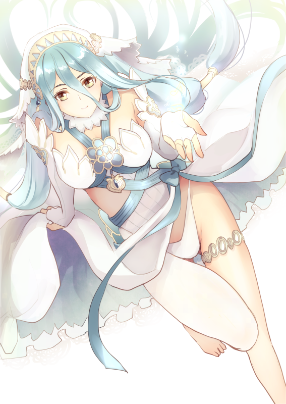 1girl aqua_(fire_emblem_if) aqua_hair arm_support barefoot breasts bridal_gauntlets detached_collar dress fingerless_gloves fire_emblem fire_emblem_if from_above gloves groin hair_tubes jewelry long_hair looking_at_viewer looking_up midriff oka_(umanihiki) outstretched_arm pantyhose pendant reaching sash simple_background sitting smile solo veil white_background white_gloves white_legwear yellow_eyes