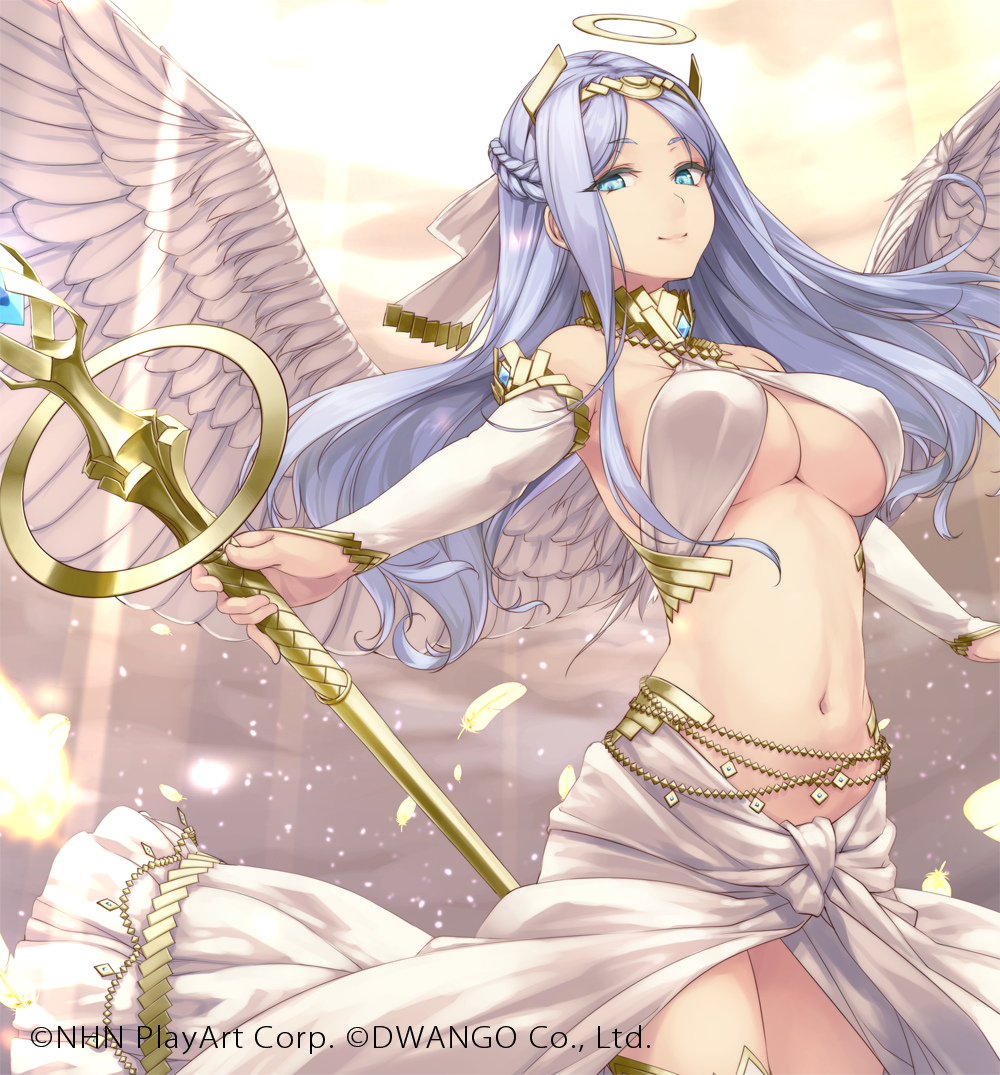 1girl bangs bare_shoulders blue_eyes blue_hair braid breasts cleavage copyright_request criss-cross_halter detached_sleeves feathers flipped_hair hair_ribbon hairband half_updo halo halterneck large_breasts light_particles long_hair midriff navel outstretched_arms parted_bangs ribbon rokuwata_tomoe sidelocks skirt smile solo staff under_boob wings