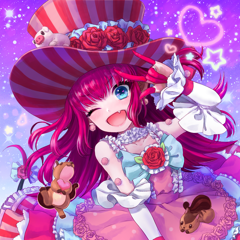 ;d \m/ anko_(ssossor) bangs blue_eyes blush bow collar commentary_request detached_sleeves dragon_tail dress eyebrows_visible_through_hair fang fate/extra fate/extra_ccc fate/grand_order fate_(series) flower frilled_collar frills hat heart lancer_(fate/extra_ccc) long_hair one_eye_closed open_mouth pig pink_hair pom_pom_(clothes) rose sky smile squirrel star star_(sky) starry_sky striped striped_hat tail top_hat vertical-striped_dress vertical_stripes