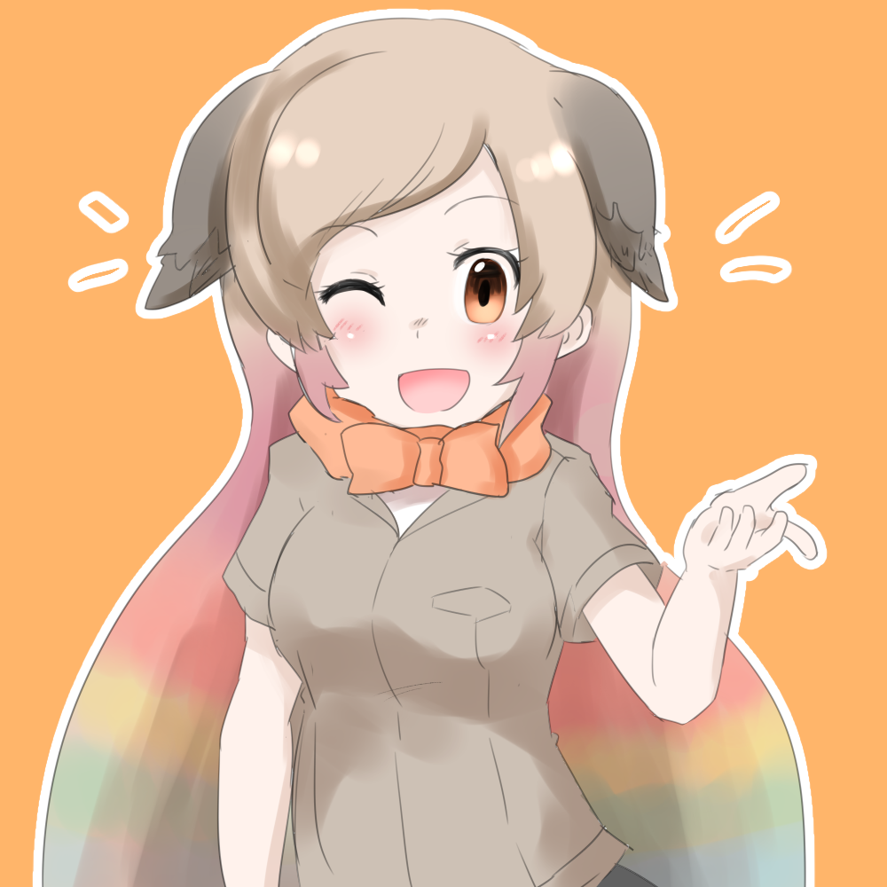 1girl blonde_hair blue_hair blush bow bowtie brown_hair darwin's_finch_(kemono_friends) feathered_wings feathers green_hair kemono_friends long_hair multicolored_hair one_eye_closed open_mouth orange_background orange_eyes pink_hair simple_background upper_body wings ygrm0324