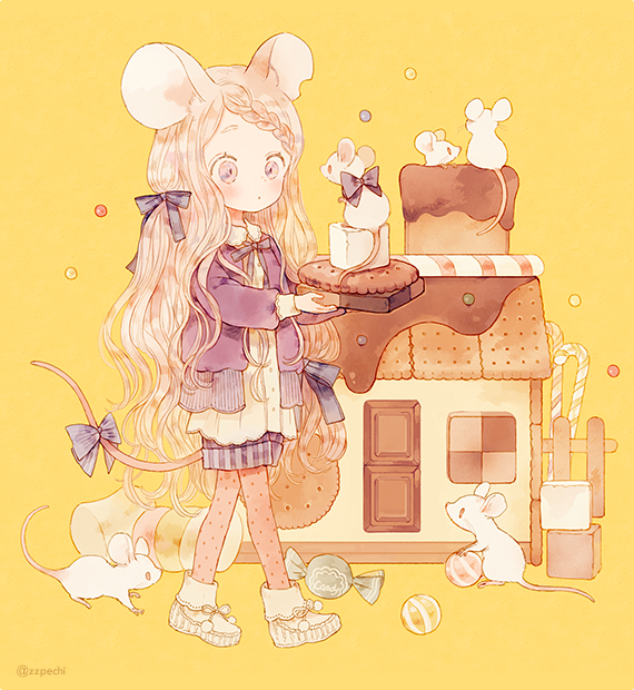 1girl animal_ears blush bow braid candy candy_cane cardigan checkerboard_cookie chocolate cookie food gingerbread_house hair_ribbon holding holding_food light_brown_hair long_hair mouse mouse_ears mouse_tail notched_ear original pantyhose pechika ribbon slippers solo sugar_cube tail tail_bow twitter_username violet_eyes walking wavy_hair yellow_background