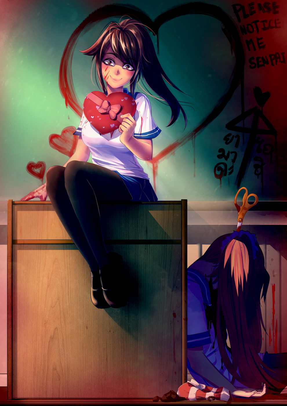 2girls ai_ai_gasa bakki black_hair black_shoes blood blood_on_face bloody_clothes brown_eyes chalkboard corpse heart highres long_hair looking_at_viewer multiple_girls osana_najimi_(yandere_simulator) pantyhose petals school_uniform scissors serafuku shoes sitting yandere yandere-chan yandere_simulator