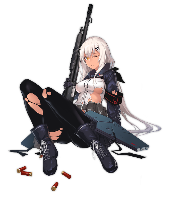 1girl arm_support armband armor black_gloves black_legwear boots breasts cropped cross-laced_footwear dark_skin full_body girls_frontline gloves gun hair_ornament hair_ribbon hairclip long_hair looking_at_viewer low_ponytail medium_breasts mossberg_m590_(girls_frontline) nightmaremk2 one_eye_closed pantyhose pleated_skirt pouch ribbon shirt shotgun shotgun_shells sitting skirt solo torn_clothes torn_pantyhose torn_shirt transparent_background under_boob very_long_hair weapon white_hair yellow_eyes