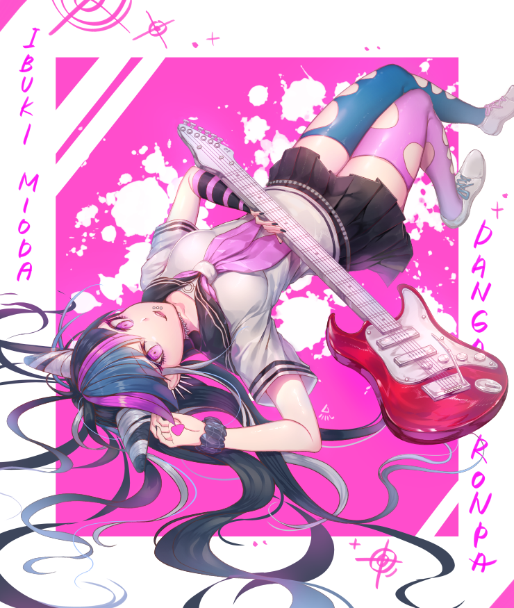 1girl black_hair black_sailor_collar black_skirt blouse blue_legwear breasts character_name dangan_ronpa electric_guitar eyelashes fingerless_gloves gloves guitar instrument jewelry long_hair looking_at_viewer medium_breasts mioda_ibuki mismatched_legwear multicolored_hair neckerchief necklace ozzingo pink_hair pink_legwear pink_neckerchief pleated_skirt plectrum sailor_collar scrunchie shoes short_sleeves single_glove skirt smile sneakers solo streaked_hair striped striped_gloves super_dangan_ronpa_2 thigh-highs torn_clothes torn_thighhighs upside-down violet_eyes white_blouse white_shoes wrist_scrunchie