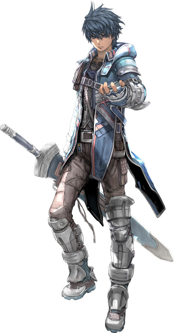 1boy black_hair blue_coat blue_eyes boots brown_pants buckle expressionless fidel_camuze fingerless_gloves full_body gloves highres hood hoodie knee_boots looking_at_viewer male_focus messy_hair metal_boots official_art pants solo standing star_ocean star_ocean_integrity_and_faithlessness sword weapon yasuda_akira