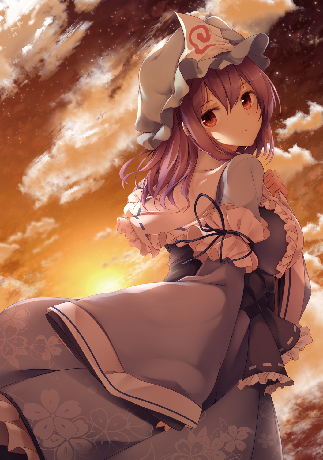1girl bangs blue_ribbon breasts clouds cloudy_sky expressionless floral_print hat highres japanese_clothes kimono large_breasts long_sleeves looking_at_viewer midori_(misuriru8) mob_cap obi outdoors pink_hair red_eyes ribbon saigyouji_yuyuko sash sky sleeves_past_wrists solo star_(sky) starry_sky touhou triangular_headpiece wide_sleeves