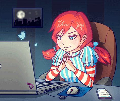 1girl animated animated_gif bangs blue_eyes blush cellphone computer computer_mouse derpixon freckles laptop lowres newgrounds phone printing redhead shadow sidelocks sitting smile solo striped twitter wendy's wendy_(wendy's)cosplay zone-tan ztv