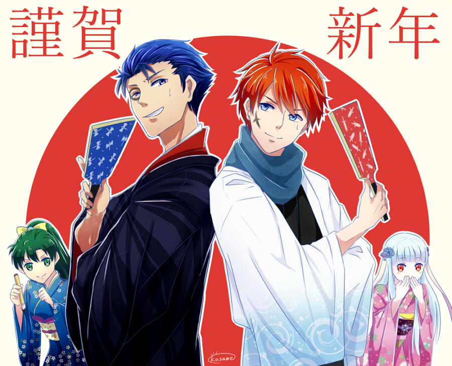 2boys 2girls alternate_costume artist_name back-to-back blue_eyes blue_hair bow breasts calligraphy_brush covering_mouth eliwood_(fire_emblem) facepaint fire_emblem fire_emblem:_rekka_no_ken floral_print green_eyes green_hair grin hagoita hair_bow hakama hand_to_own_mouth hanetsuki hector_(fire_emblem) japanese_clothes kazame kimono long_hair looking_at_another lyndis_(fire_emblem) multiple_boys multiple_girls new_year ninian obi paddle paintbrush ponytail red_eyes redhead rising_sun sash scarf short_hair signature silver_hair smile sunburst sweatdrop upper_body