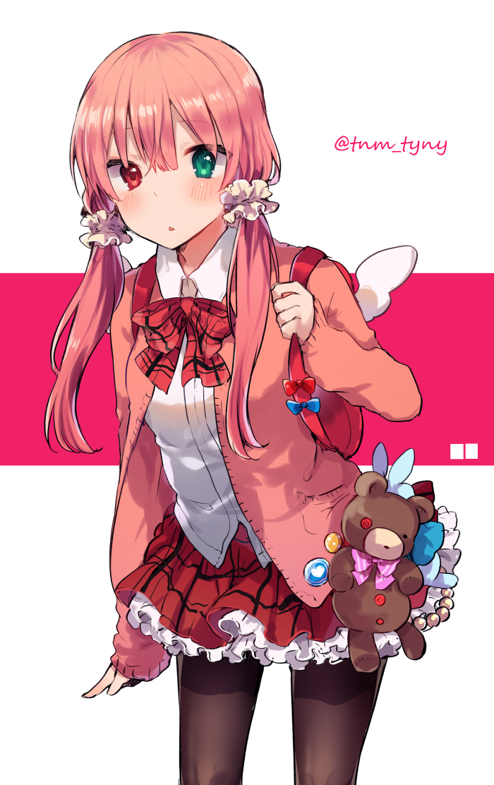 1girl aqua_eyes backpack bag bangs black_legwear blush bow bowtie cardigan frilled_skirt frills hair_ornament hair_scrunchie heart heterochromia long_hair long_sleeves looking_at_viewer original pantyhose pink_hair pocket red_eyes scrunchie shirt skirt solo standing stuffed_animal stuffed_toy tanuma_(tyny) teddy_bear triangle_mouth twintails twitter_username two-tone_background wing_collar winged_backpack
