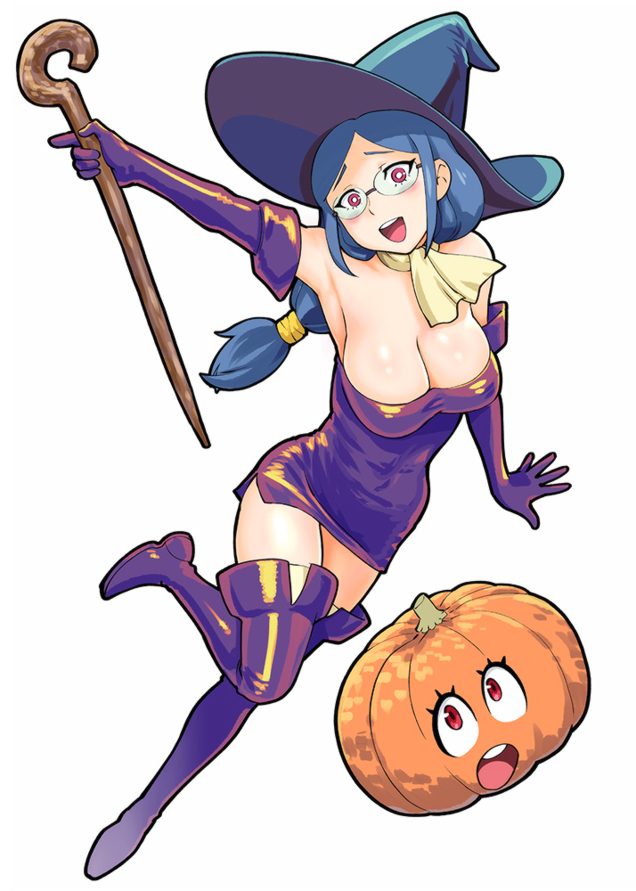 2girls :d :o alternate_costume arm_up armpits bare_shoulders blue_hair blue_hat blush breasts cleavage dress elbow_gloves female food full_body glasses gloves happy hat head_tilt highres holding holding_staff kagari_atsuko large_breasts legs little_witch_academia long_hair looking_at_viewer low-tied_long_hair multiple_girls open_mouth outstretched_arm pumpkin purple_boots purple_dress purple_gloves purple_legwear red_eyes round_teeth scarf short_dress side_slit simple_background staff strapless strapless_dress teacher_and_student teeth thigh-highs thigh_boots ueyama_michirou ursula_(little_witch_academia) white_background witch witch_hat yellow_scarf