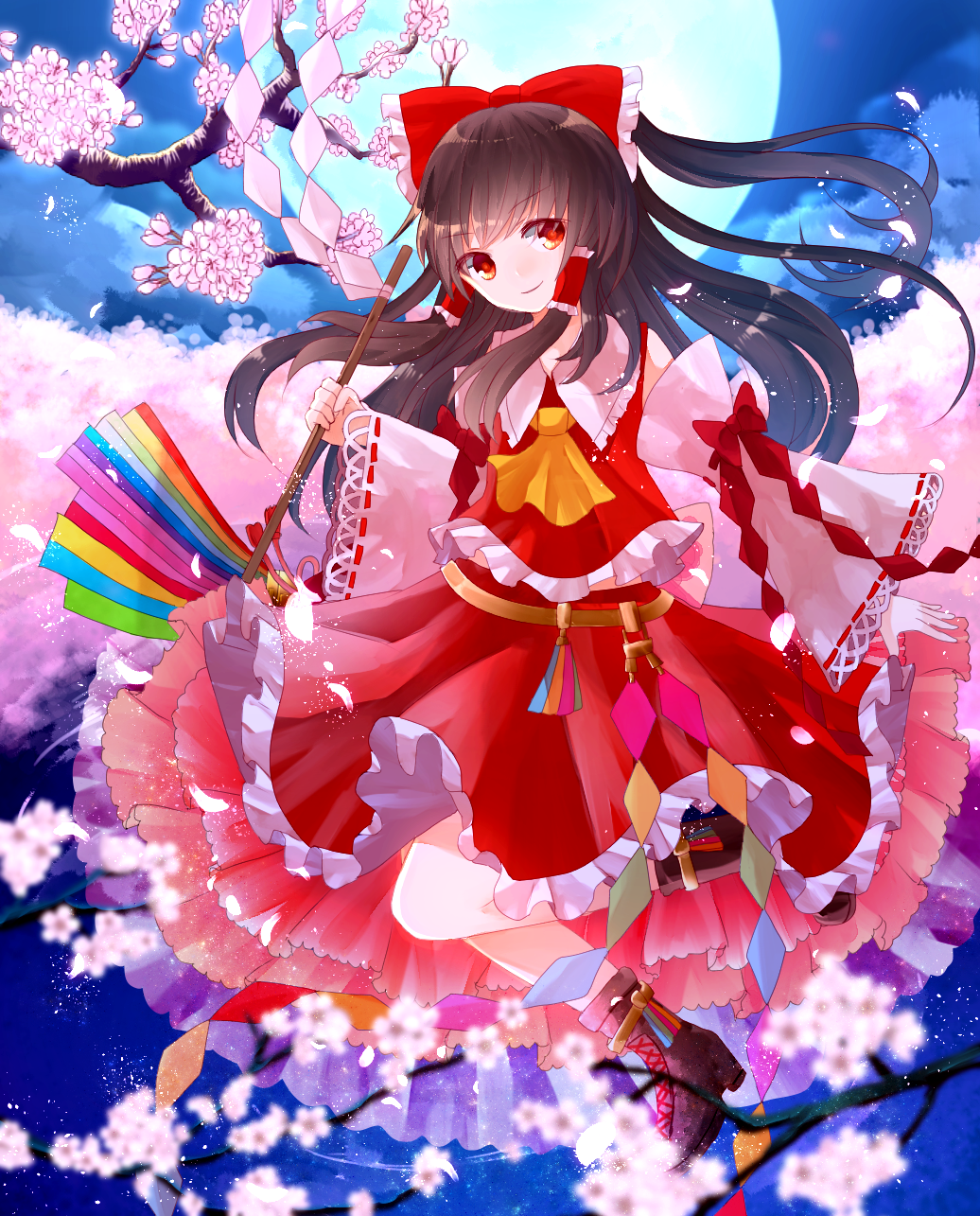 &gt;:) 1girl ascot backlighting bangs black_boots black_hair boots bow cherry_blossoms closed_mouth cross-laced_footwear embellished_costume eyebrows_visible_through_hair floating_hair flower frilled_shirt_collar frills full_body full_moon gohei hair_bow hair_tubes hakurei_reimu highres lace-up_boots long_hair long_sleeves looking_at_viewer moon night night_sky nontraditional_miko rainbow_order red_bow red_eyes red_shirt red_skirt ribbon-trimmed_sleeves ribbon_trim sakipsakip shirt skirt skirt_set sky sleeveless sleeveless_shirt smile solo touhou wide_sleeves