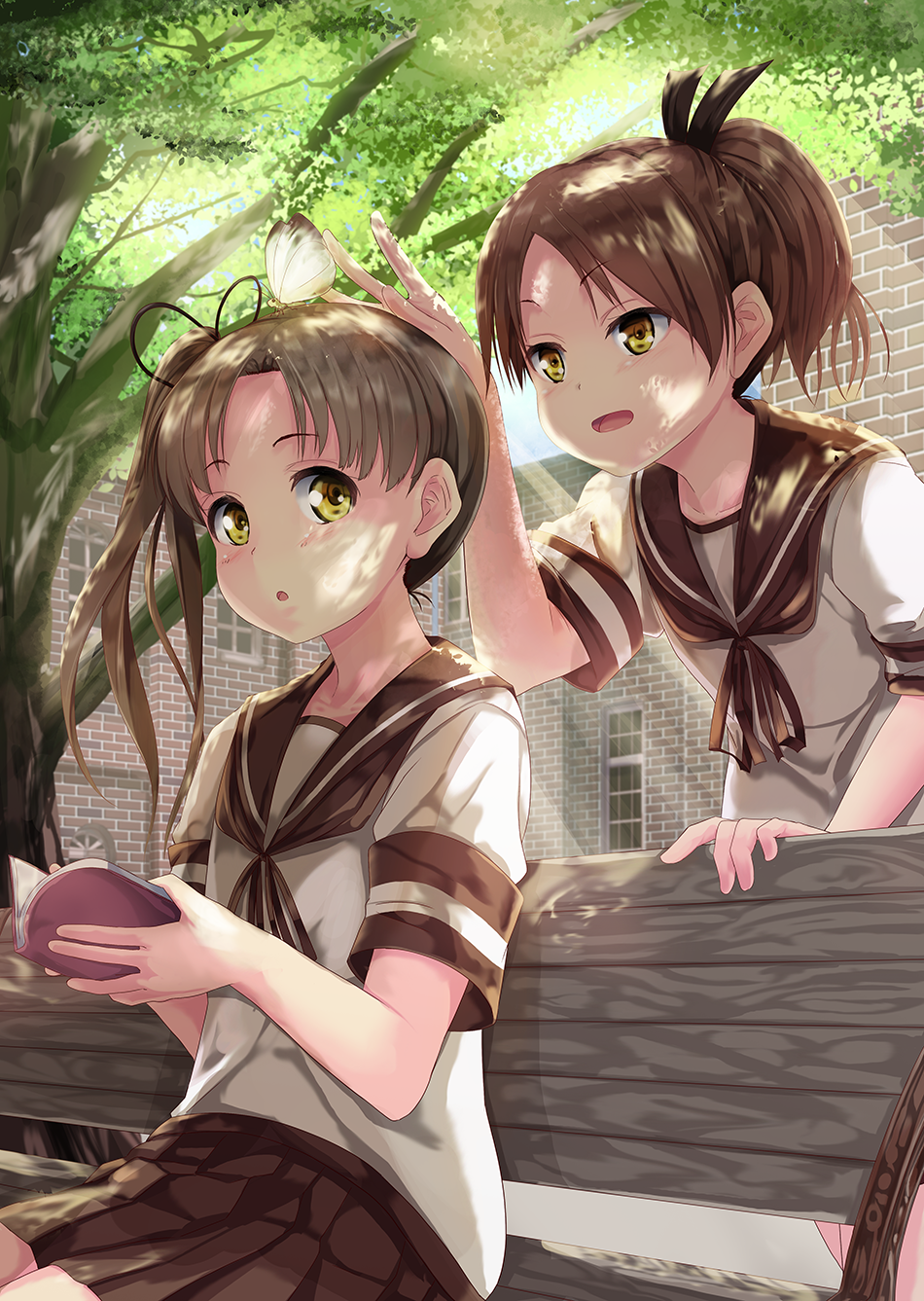 2girls :o ayanami_(kantai_collection) bench blush book brown_eyes brown_hair brown_skirt butterfly butterfly_on_head commentary_request dappled_sunlight day downscaled ear hair_ribbon highres holding holding_book hopper insect kantai_collection light_rays long_hair looking_to_the_side multiple_girls open_book open_mouth outdoors pleated_skirt ponytail resized revision ribbon school_uniform serafuku shade shikinami_(kantai_collection) short_hair side_ponytail sitting skirt smile sunlight tree tree_shade window