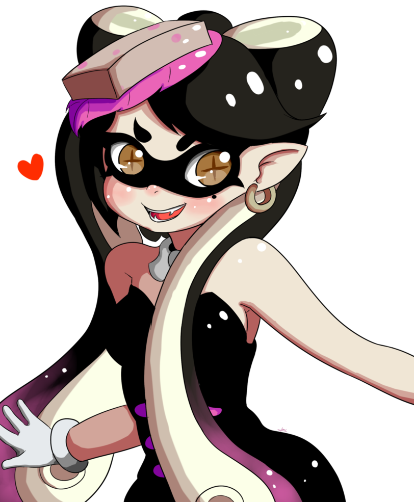 1girl aori_(splatoon) bare_shoulders black_hair breasts brown_eyes choker detached_collar domino_mask downscaled dress earrings eyebrows_visible_through_hair fang fangs female female_focus female_only food food_on_head gloves gradient_hair hair_ornament heart hoop_earrings jewelry long_hair looking_at_viewer mask md5_mismatch mole mole_under_eye multicolored_hair object_on_head open_mouth outstretched_arms pointy_ears resized sharp_teeth smile solo splatoon strapless strapless_dress symbol-shaped_pupils teeth transparent_background two-tone_hair very_long_hair white_gloves