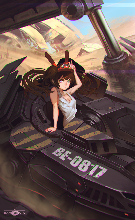 &gt;:) 1girl animal_hat arm_support arm_up artist_name banjiu_e'vik blue_eyes brown_hair bunny_hat closed_mouth floating_hair goggles hat long_hair looking_at_viewer number original outdoors peaked_cap sand shirt sleeveless sleeveless_shirt solo twintails v watermark white_shirt