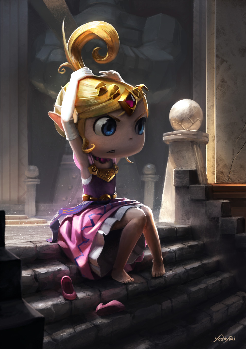 1girl adjusting_hair barefoot blonde_hair blue_eyes cassio_yoshiyaki dress elbow_gloves forehead_jewel gloves high_ponytail highres long_hair pigeon-toed pink_dress pointy_ears princess_zelda shoes_removed solo stairs the_legend_of_zelda the_legend_of_zelda:_the_wind_waker tiara toes white_gloves
