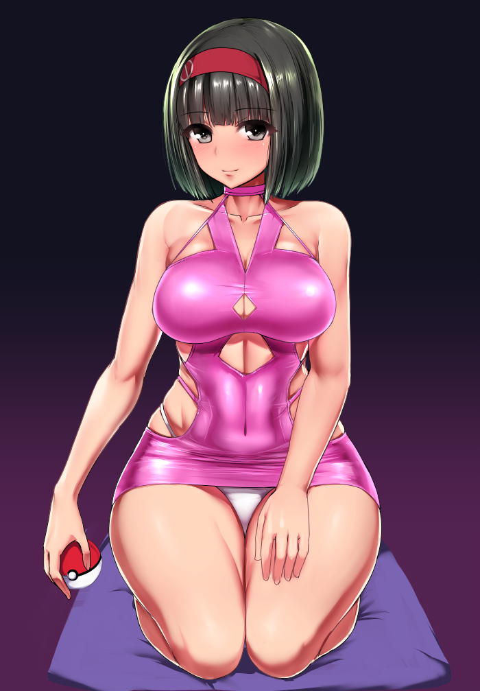 1girl bare_shoulders black_eyes black_hair blush bodycon breasts choker cleavage covered_navel dress erika_(pokemon) gradient gradient_background gym_leader hairband ishimiso_(ishimura) large_breasts latex_dress looking_at_viewer microdress panties pink_dress poke_ball pokemon pokemon_(game) pokemon_rgby seiza shiny shiny_clothes short_hair simple_background sitting skin_tight solo underwear white_panties