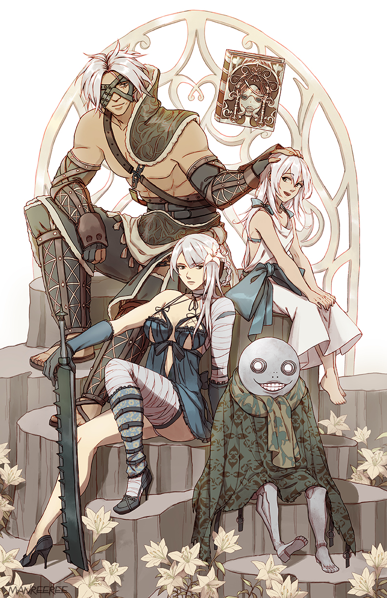 2boys 2girls dress emil_(nier) eyepatch father_and_daughter flower grimoire_weiss hair_flower hair_ornament hand_on_another's_head highres kaine_(nier) mask multiple_boys multiple_girls nier nier_(old) nier_(series) reema_and silver_hair sitting yonah