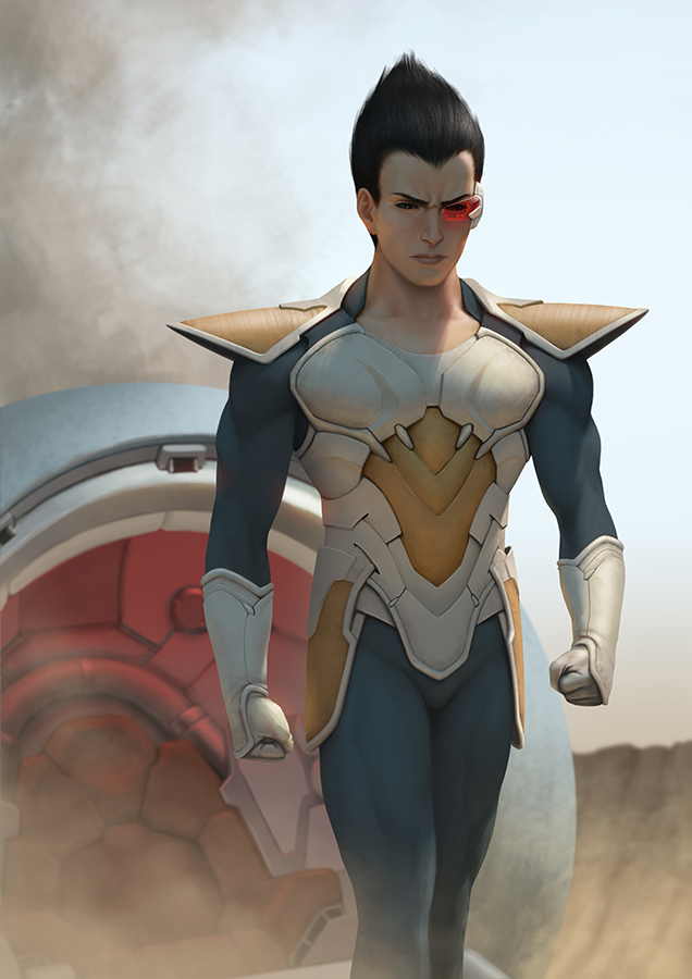 1boy armor black_hair clenched_hands crater dragon_ball dragonball_z gloves lips male_focus rafael_de_guzman realistic redesign scouter shoulder_pads sky smoke solo space_craft spiky_hair vegeta walking white_gloves