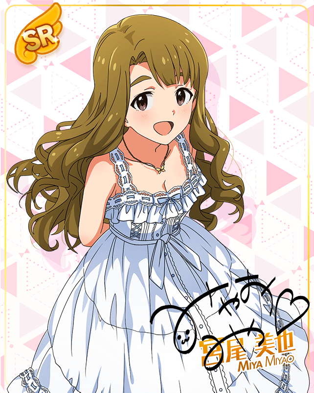 brown_eyes brown_hair character_name dress idolmaster_million_live!_theater_days long_hair miyao_miya smile