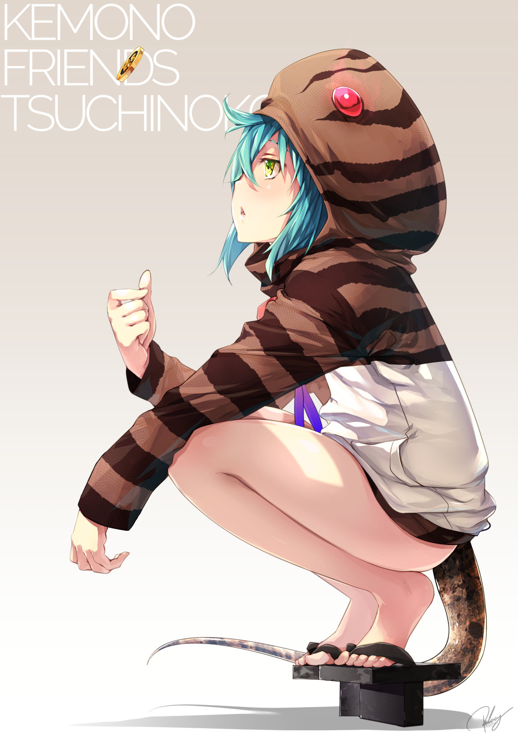 1girl :&lt; animal_hood animal_print aqua_hair aura bare_legs character_name coin coin_flip feet from_side full_body glowing glowing_eyes green_eyes half-closed_eyes highres hood hoodie japari_coin kemono_friends legs looking_up open_mouth re_lucy signature simple_background slippers snake_tail solo squatting tail text toes tsuchinoko_(kemono_friends) white_background