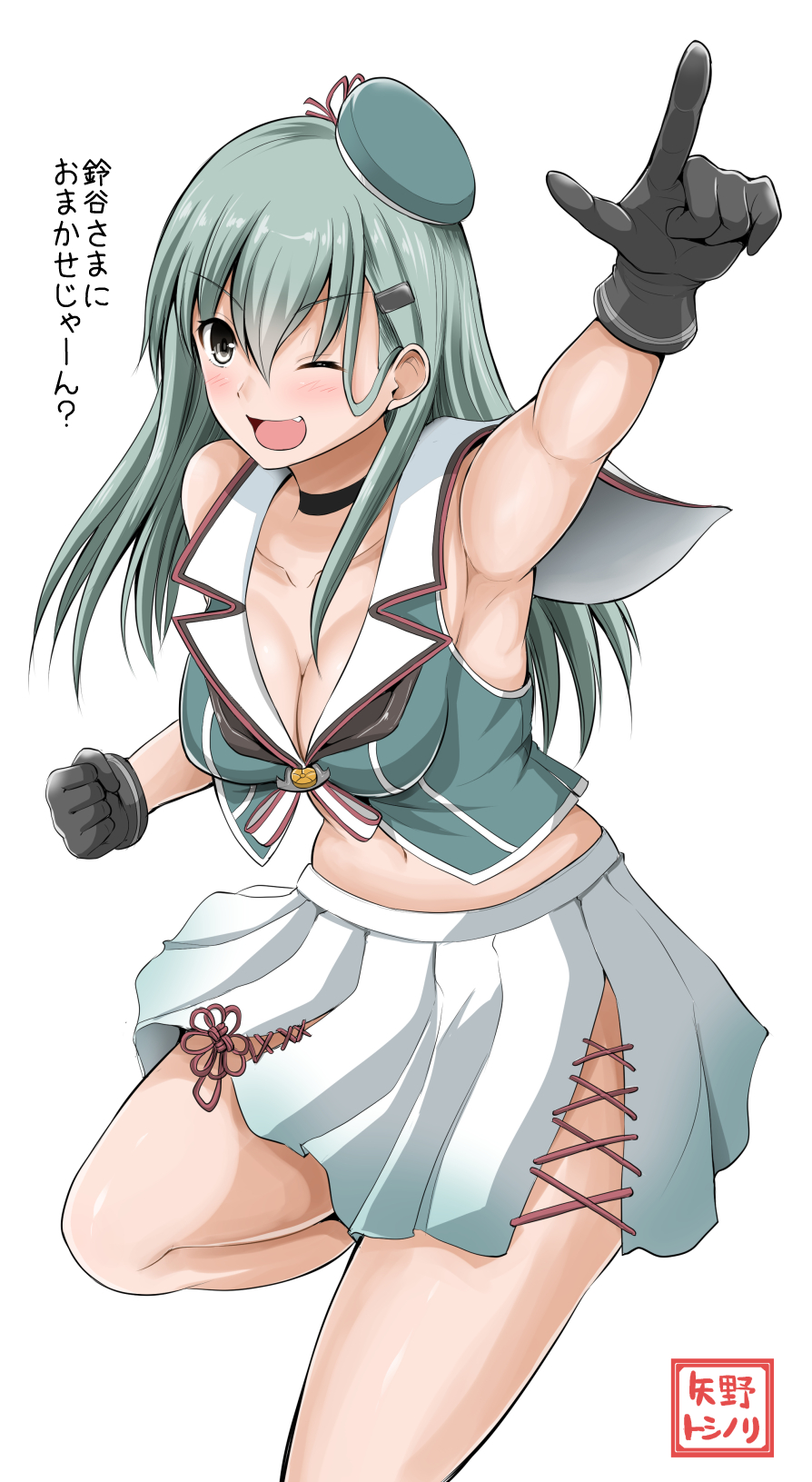 1girl aqua_hair armpits beret black_gloves blush breasts cleavage cosplay costume_switch crop_top fang gloves grey_eyes hair_ornament hairclip hat highres kantai_collection long_hair looking_at_viewer maya_(kantai_collection) maya_(kantai_collection)_(cosplay) medium_breasts midriff navel one_eye_closed open_mouth pleated_skirt pointing remodel_(kantai_collection) shirt simple_background skirt sleeveless sleeveless_shirt smile solo suzuya_(kantai_collection) translated white_background white_skirt yano_toshinori