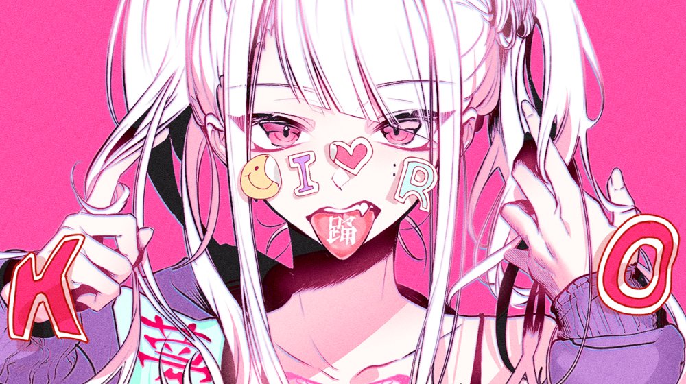 1girl :irai bangs collarbone eyebrows_visible_through_hair fang hair_twirling hand_in_hair hood hoodie looking_at_viewer mu_yume odo_(song) original pink_background pink_eyes purple_hoodie shirt solo sticker tongue tongue_out twintails utaite_(singer) white_shirt