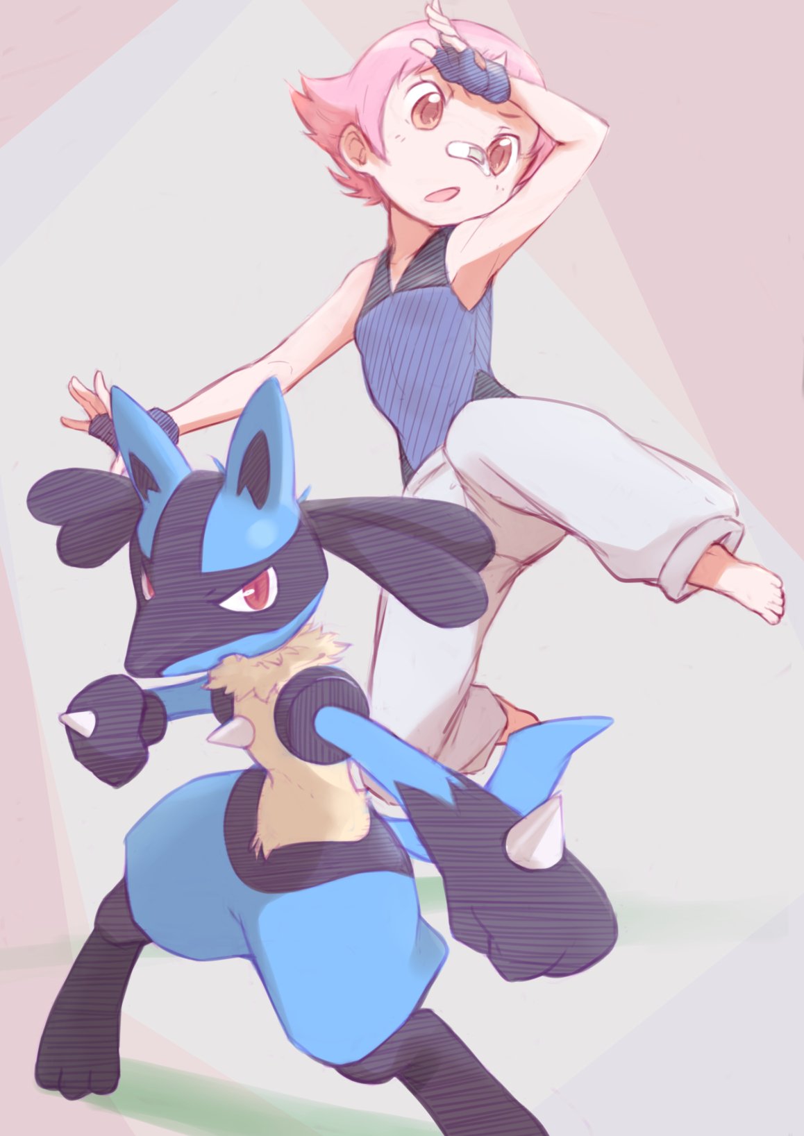 1girl akane_(pokemon) bandage bandage_on_face blue_gloves blush commentary_request fingerless_gloves gloves gym_leader highres looking_at_viewer looking_away lucario okayparium open_mouth pink_eyes pink_hair pokemon pokemon_(creature) pokemon_(game) red_eyes short_hair