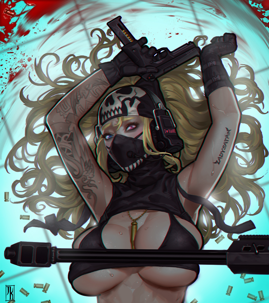 1girl armpits arms_up asymmetrical_gloves bandanna between_breasts bikini bikini_top black_bikini black_gloves blonde_hair blood blue_eyes body_writing breasts bullet bullet_necklace cleavage clenched_hand covered_mouth eyelashes face_mask gas_mask gloves gun handgun headphones heterochromia holding holding_gun holding_weapon jackie_kaisami large_breasts long_hair looking_at_viewer lying magazine_(weapon) mask on_back on_floor original pistol rifle shoulder_tattoo signature skull_print solo sweat swimsuit tattoo trigger_discipline upper_body violet_eyes weapon
