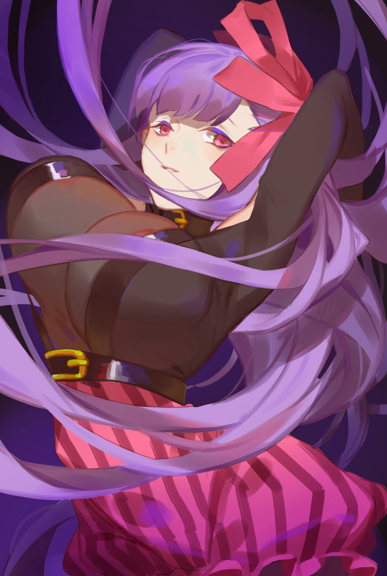 1girl arm_up belt bodysuit bow breasts fate/extra fate/extra_ccc fate_(series) hair_bow hair_ribbon huge_breasts long_hair looking_at_viewer oslo parted_lips passion_lip purple_hair red_cucumber red_eyes ribbon