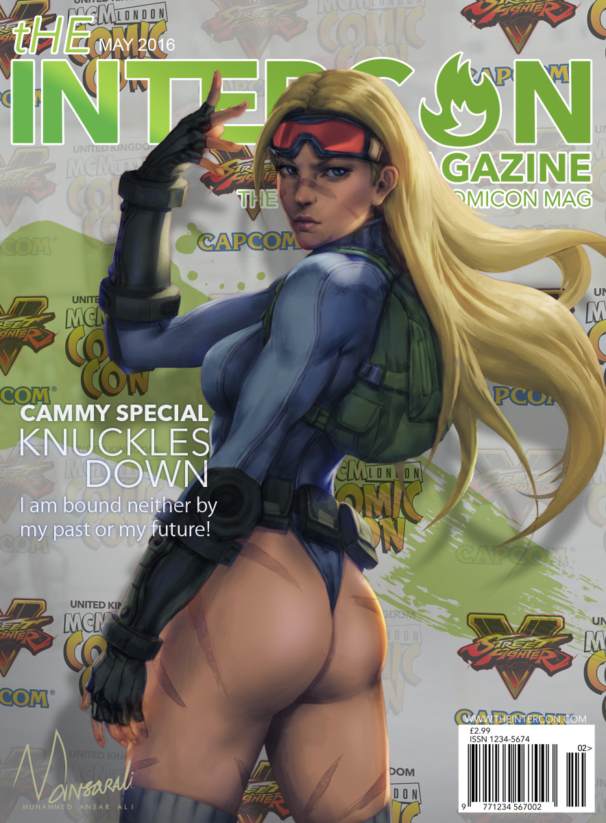 1girl alternate_costume alternate_hairstyle ass backpack bag blonde_hair cammy_white cover cowboy_shot fingerless_gloves gloves goggles goggles_on_head highres leotard long_hair looking_back magazine_cover muhammed_ansar_ali realistic solo street_fighter street_fighter_v