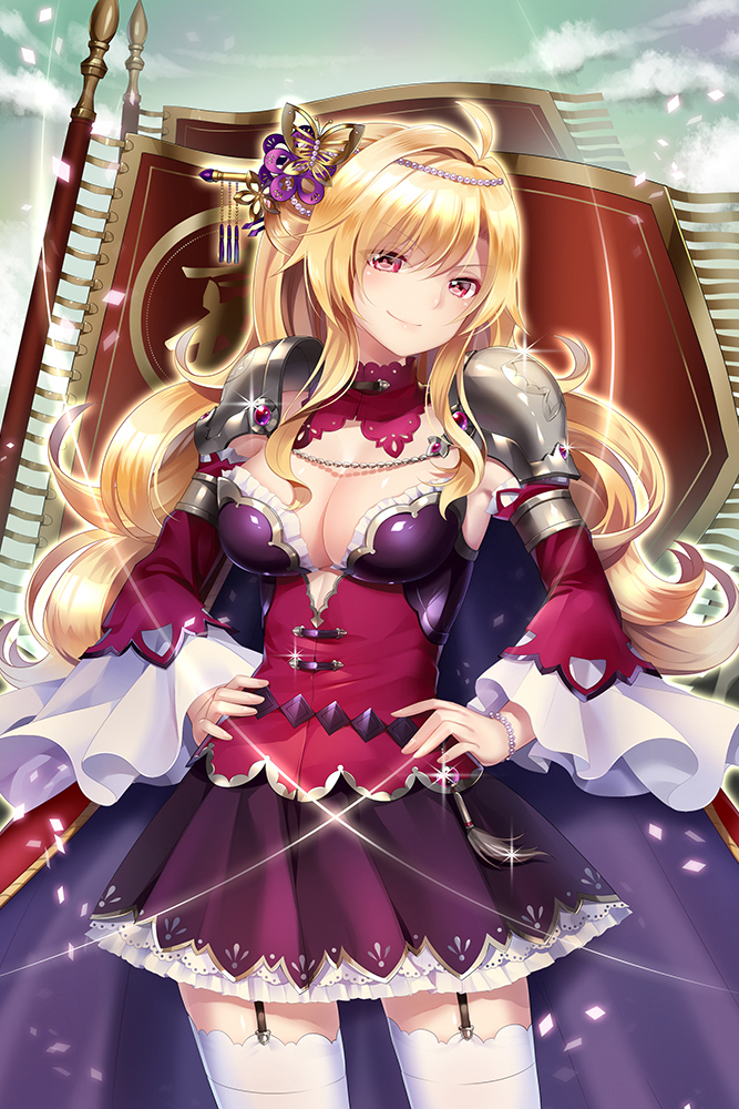 &gt;:) 1girl ahoge banner blonde_hair bracelet breasts butterfly_hair_ornament cape character_request cleavage clouds copyright_request curly_hair garter_straps glint green_sky hair_ornament hands_on_hips jewelry long_hair medium_breasts mvv pauldrons red_eyes skirt solo thigh-highs white_legwear wide_sleeves