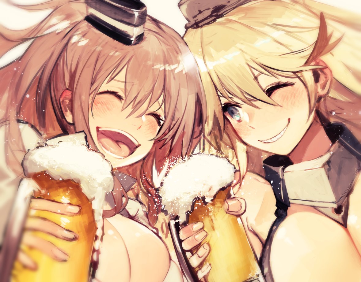 2girls beer_mug blonde_hair blue_eyes blush breasts closed_eyes collar fingernails grin hat iowa_(kantai_collection) kantai_collection kodama_(wa-ka-me) large_breasts long_hair looking_at_viewer multiple_girls one_eye_closed open_mouth redhead saratoga_(kantai_collection) side_ponytail smile