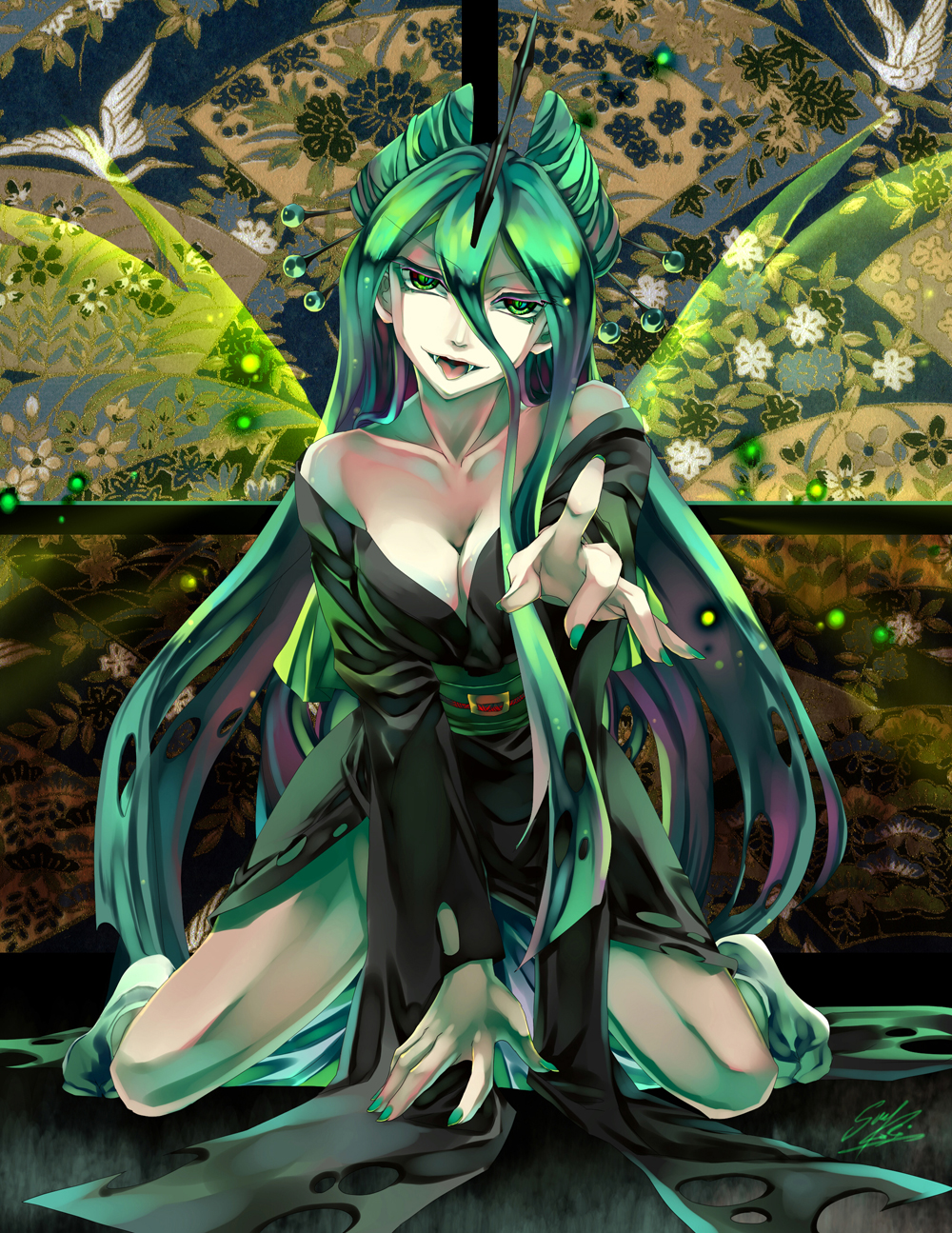 1girl aqua_eyes aqua_hair breasts cleavage fangs fingernails firefly highres horn insect_wings japanese_clothes long_hair medium_breasts my_little_pony my_little_pony_friendship_is_magic personification queen_chrysalis solo soukitsubasa wings